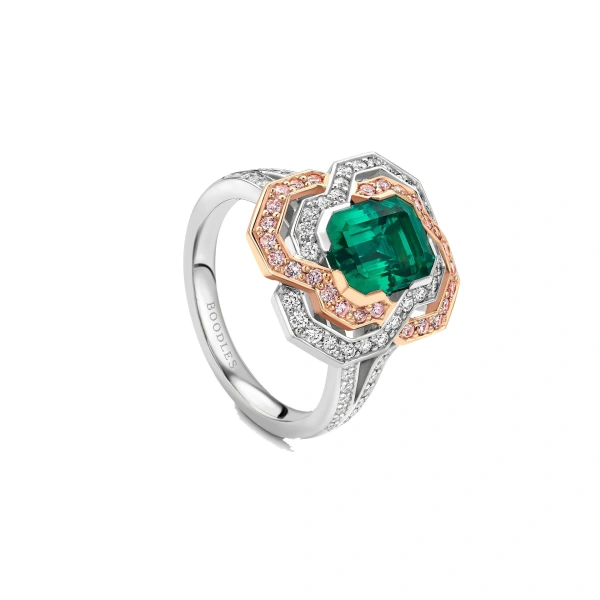 Boodles Pavilion Emerald and Pink Diamond Platinum Ring | Fine Rings | Coveti