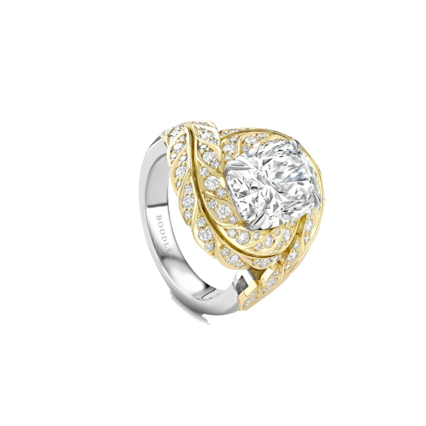 Boodles Peace of Mined Cushion Diamond Platinum and Yellow Gold Ring | Fine Rings | Coveti