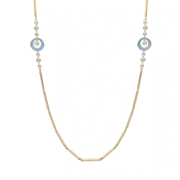 Boodles Raindance Diamond Blue Enamel Long Yellow Gold Necklace | Fine Necklaces | Coveti
