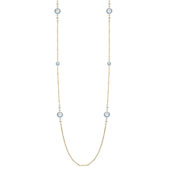 Boodles Raindance Diamond Blue Enamel Long Yellow Gold Necklace | Fine Necklaces | Coveti