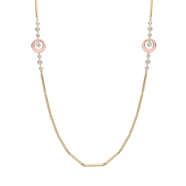 Boodles Raindance Diamond Pink Enamel Long Yellow Gold Necklace | Fine Necklaces | Coveti