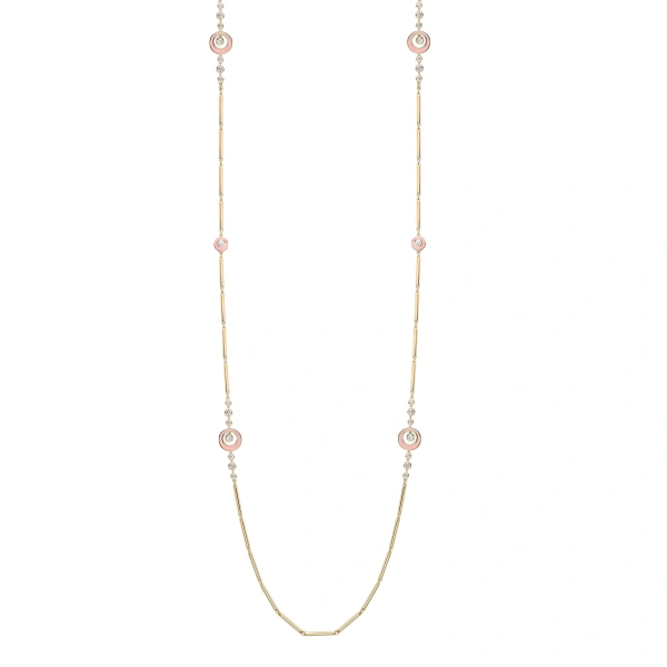 Boodles Raindance Diamond Pink Enamel Long Yellow Gold Necklace | Fine Necklaces | Coveti