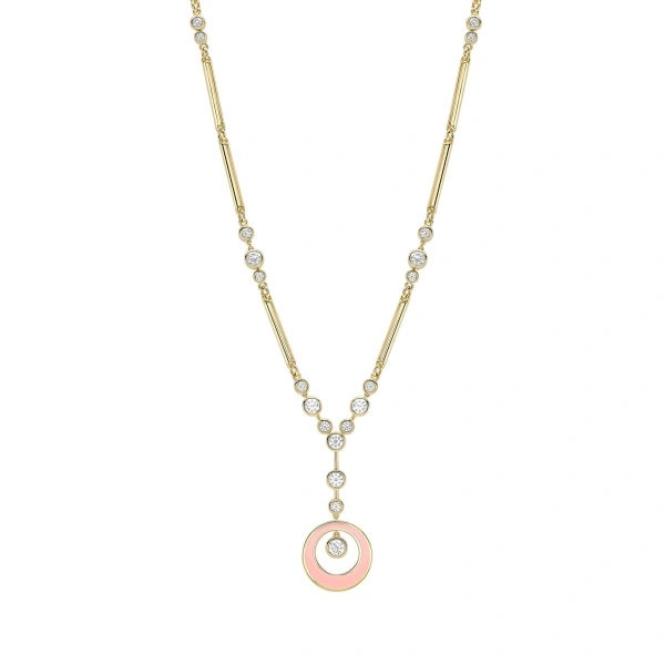 Boodles Raindance Diamond Pink Enamel Yellow Gold Pendant | Fine Necklaces | Coveti