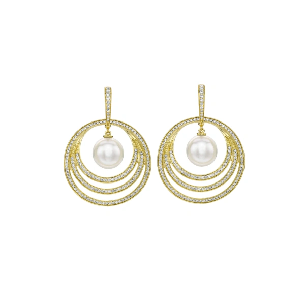 Roulette Diamond Pearl Yellow Gold Drop Earrings