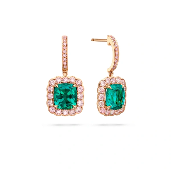 Boodles Scalloped Cushion Emerald Rose Gold Earrings | Fine Earrings | Coveti