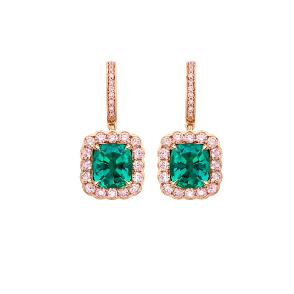 Boodles Scalloped Cushion Emerald Rose Gold Earrings | Fine Earrings | Coveti