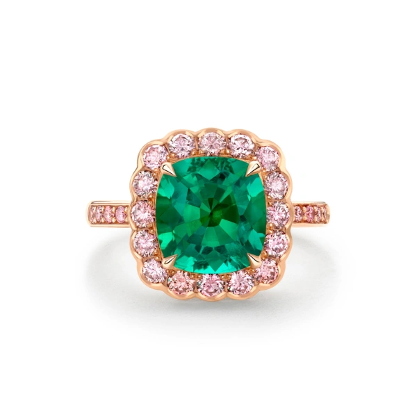 Boodles Scalloped Cushion Emerald and Pink Diamond Rose Gold Ring | Fine Rings | Coveti