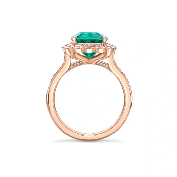 Boodles Scalloped Cushion Emerald and Pink Diamond Rose Gold Ring | Fine Rings | Coveti