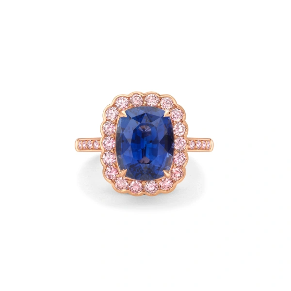 Boodles Scalloped Cushion Sapphire and Pink Diamond Rose Gold Ring | Fine Rings | Coveti