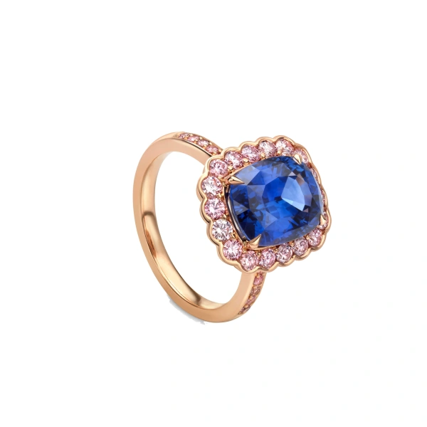 Boodles Scalloped Cushion Sapphire and Pink Diamond Rose Gold Ring | Fine Rings | Coveti