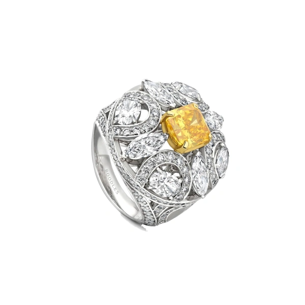 Boodles Scroll Radiant Cut Yellow Diamond Platinum Ring | Fine Rings | Coveti