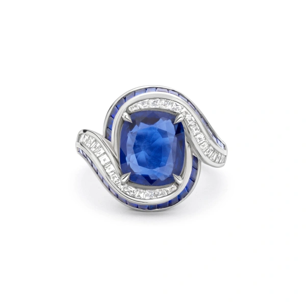 Boodles Swirl Cushion Sapphire and Diamond Platinum Ring | Fine Rings | Coveti