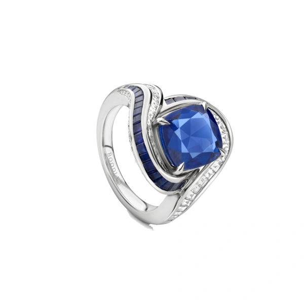 Boodles Swirl Cushion Sapphire and Diamond Platinum Ring | Fine Rings | Coveti