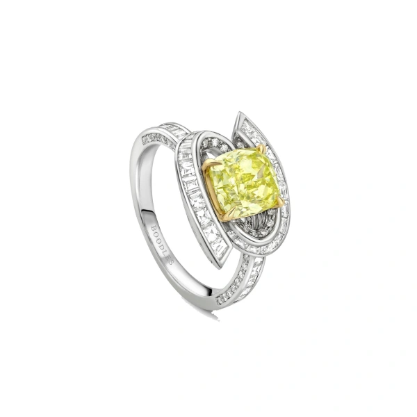 Swirl Design Platinum Cushion Yellow Diamond Ring