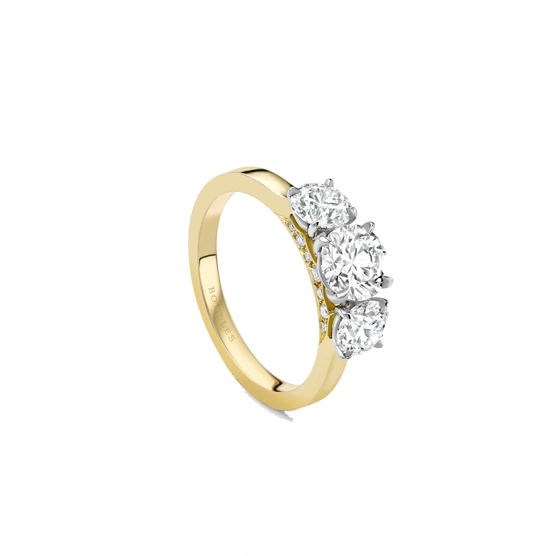 Boodles Trilogy Round Brilliant Yellow Gold Diamond Engagement Ring Boodles Trilogy Round Brilliant Yellow Gold Diamond Engagement Ring | Fine Rings | Coveti