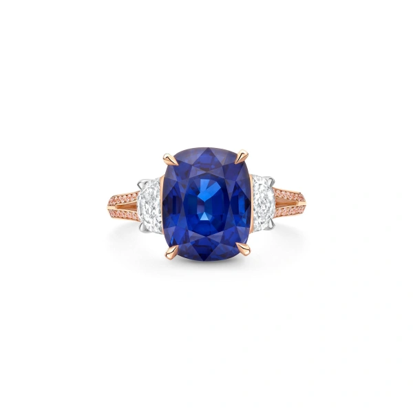 Boodles Trilogy Split Shoulder Sapphire and Diamond Rose Gold Ring | Fine Rings | Coveti