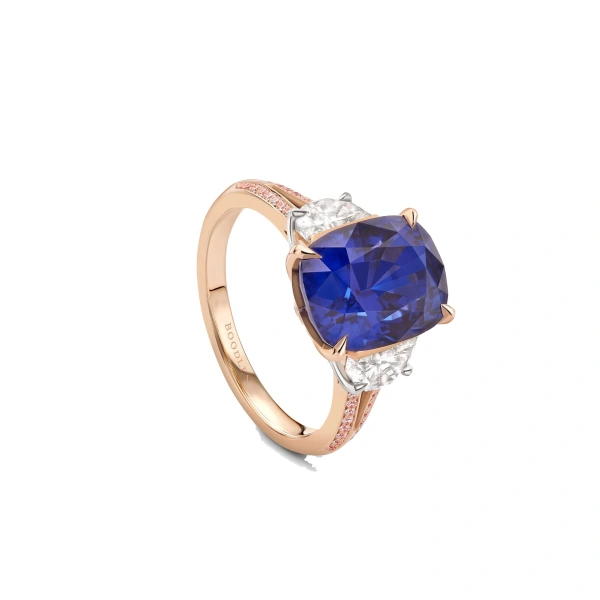 Boodles Trilogy Split Shoulder Sapphire and Diamond Rose Gold Ring | Fine Rings | Coveti