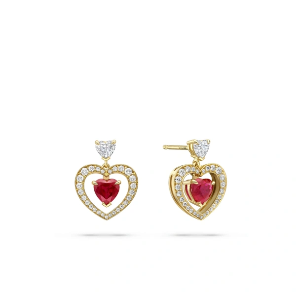 Boodles Vintage Heart Ruby and Diamond Yellow Gold Earrings | Fine Earrings | Coveti
