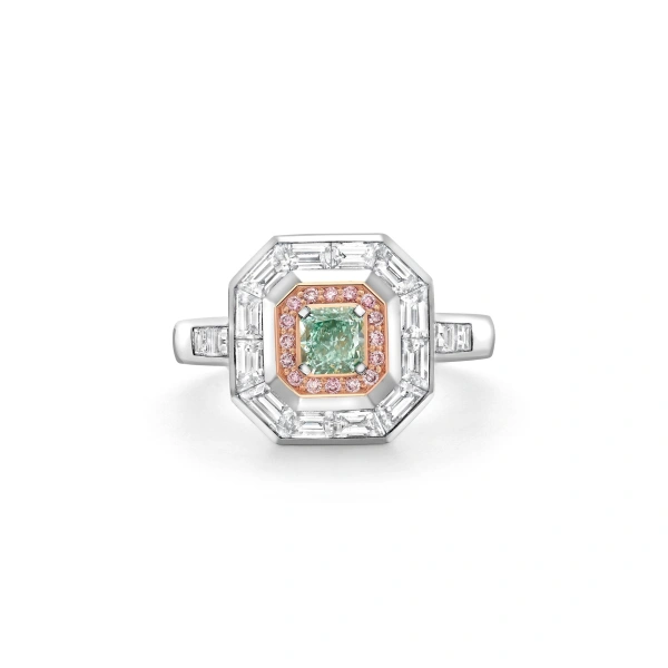 Boodles Vintage Radiant Cut Green Diamond and Pink Diamond Ring | Fine Rings | Coveti