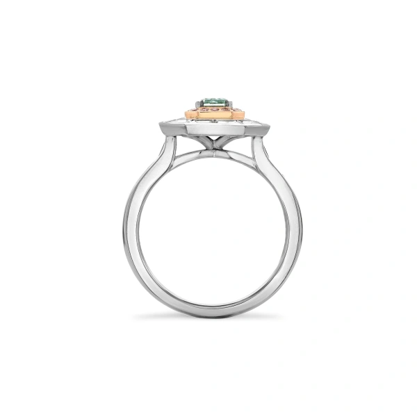 Boodles Vintage Radiant Cut Green Diamond and Pink Diamond Ring | Fine Rings | Coveti