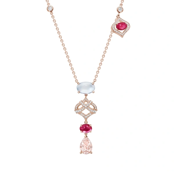 Boodles Woodland Morganite Moonstone Rose Gold Diamond Pendant | Fine Necklaces | Coveti