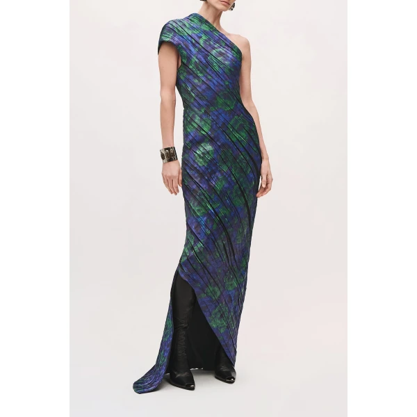 Brandon Maxwell Karina One Shoulder Pleated Dress in Blue Floral | Maxi Dresses | Coveti