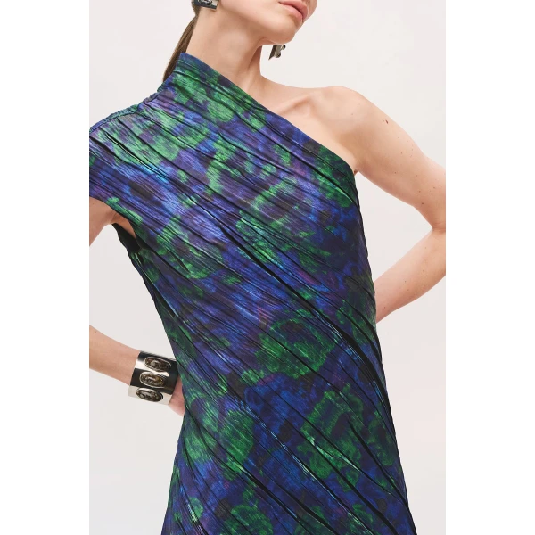 Brandon Maxwell Karina One Shoulder Pleated Dress in Blue Floral | Maxi Dresses | Coveti