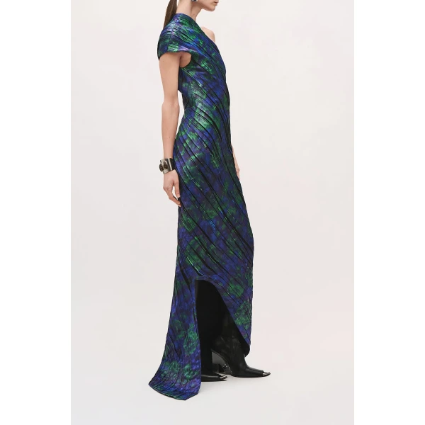 Brandon Maxwell Karina One Shoulder Pleated Dress in Blue Floral | Maxi Dresses | Coveti