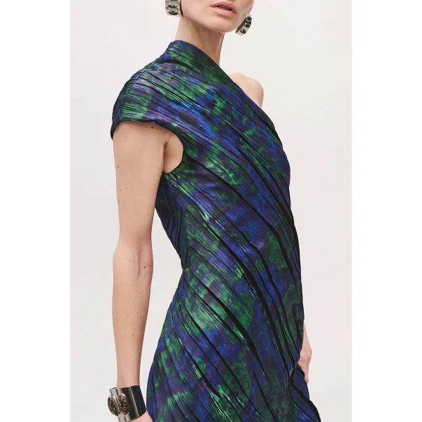 Brandon Maxwell Karina One Shoulder Pleated Dress in Blue Floral | Maxi Dresses | Coveti
