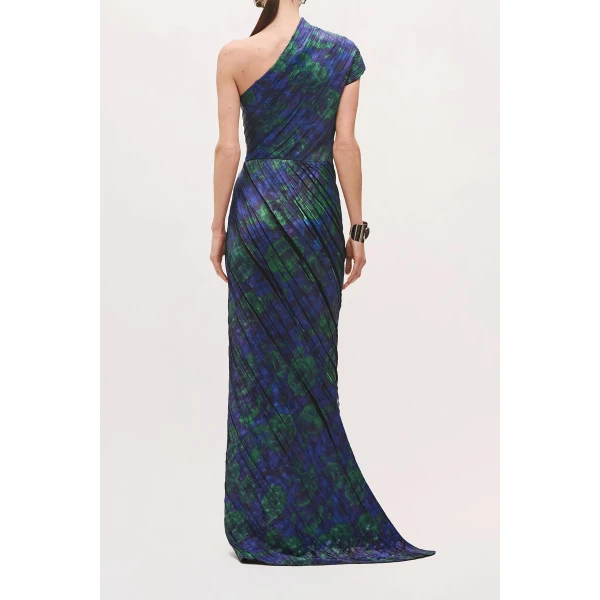 Brandon Maxwell Karina One Shoulder Pleated Dress in Blue Floral | Maxi Dresses | Coveti