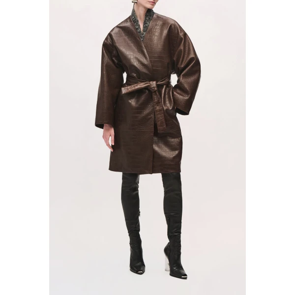 Brandon Maxwell Trinity Coat in Light Brown | Leather Coats | Coveti