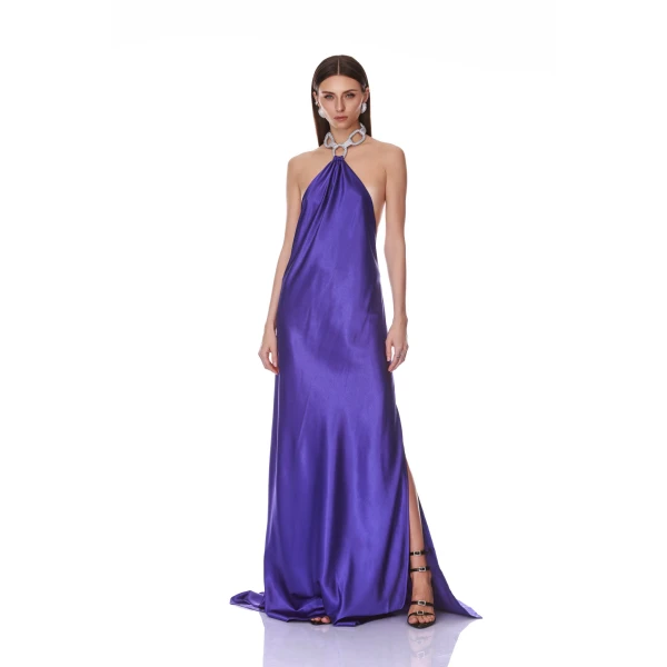 Bronx and Banco Amara Silk Indigo Halterneck Backless Gown | Evening Gowns | Coveti