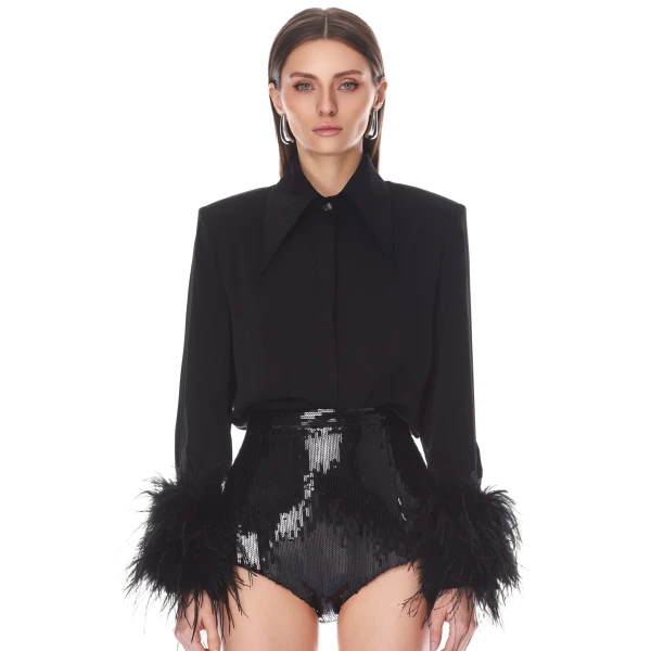 Bronx and Banco Button Down Blouse with Feather Cuffs | Blouse | Coveti