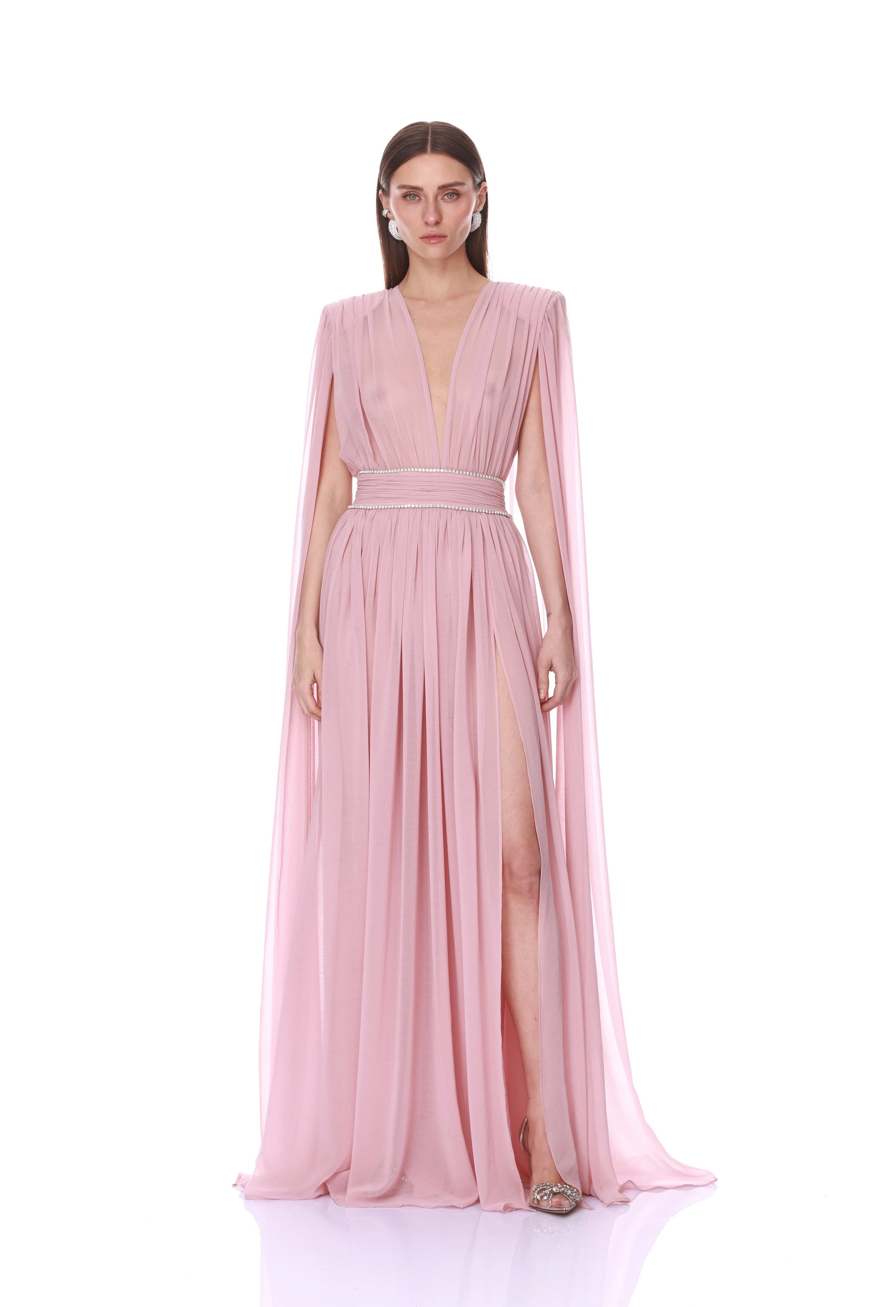 Bronx and Banco Chiffon Blush Cape Gown 1 Bronx and Banco Chiffon Blush Cape Gown | Evening Gowns | Coveti