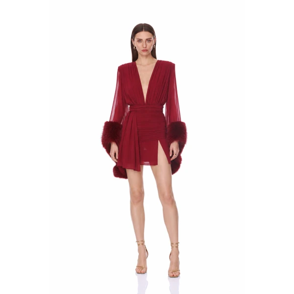 Chiffon and Faux Fur Long Sleeve V-Neck Burgundy Mini Dress