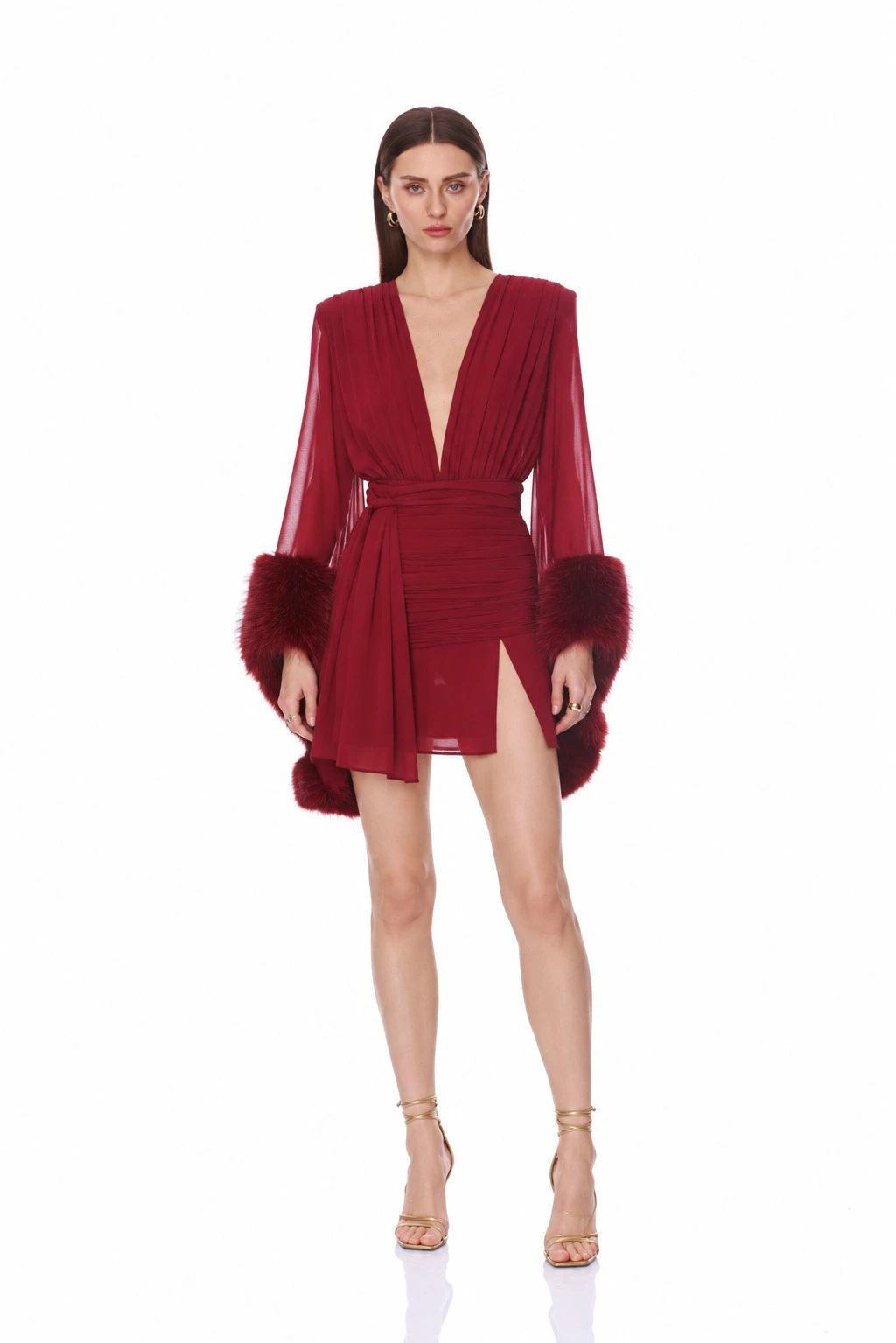 Bronx and Banco Chiffon and Faux Fur Long Sleeve V-Neck Burgundy Mini Dress 1 Bronx and Banco Chiffon and Faux Fur Long Sleeve V-Neck Burgundy Mini Dress | Mini Dresses | Coveti