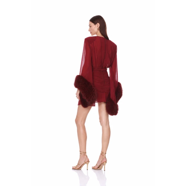 Bronx and Banco Chiffon and Faux Fur Long Sleeve V-Neck Burgundy Mini Dress | Mini Dresses | Coveti