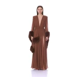 Bronx and Banco Chiffon and Faux Fur Long Sleeve V-Neck Gown | Evening Gowns | Coveti
