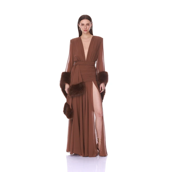 Bronx and Banco Chiffon and Faux Fur Long Sleeve V-Neck Gown | Evening Gowns | Coveti