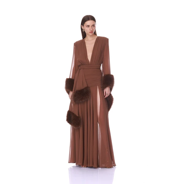Bronx and Banco Chiffon and Faux Fur Long Sleeve V-Neck Gown | Evening Gowns | Coveti
