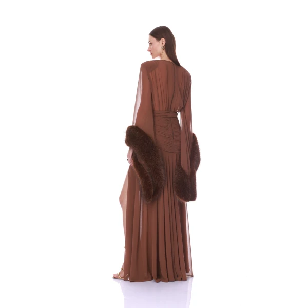 Bronx and Banco Chiffon and Faux Fur Long Sleeve V-Neck Gown | Evening Gowns | Coveti