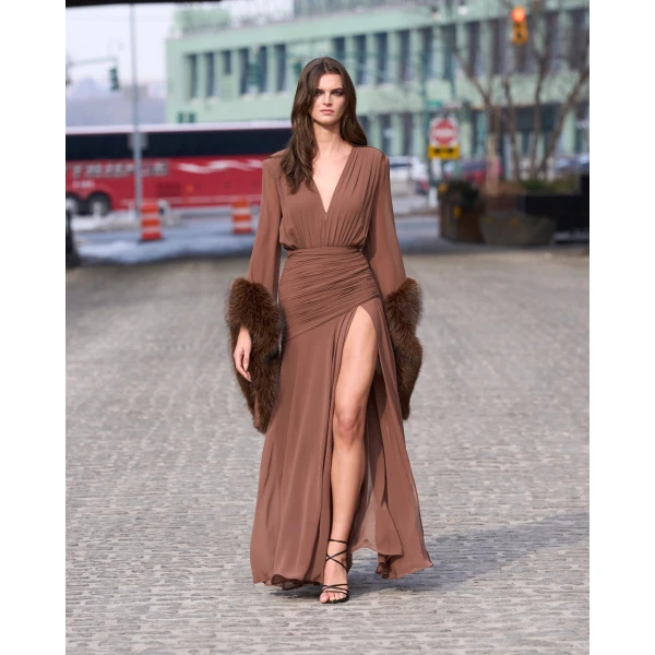 Bronx and Banco Chiffon and Faux Fur Long Sleeve V-Neck Gown | Evening Gowns | Coveti