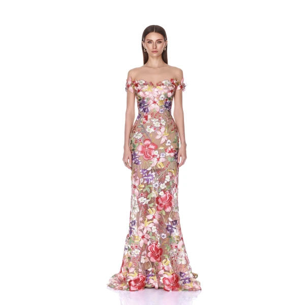 Flora 3D Off the Shoulder Coral Gown