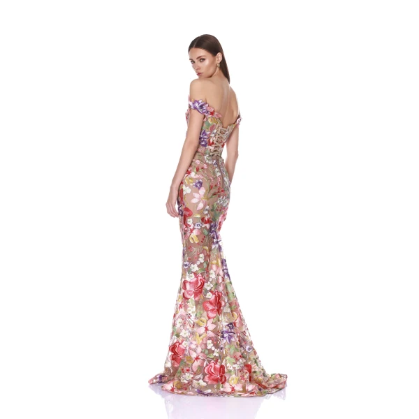 Bronx and Banco Flora 3D Off the Shoulder Coral Gown | Evening Gowns | Coveti