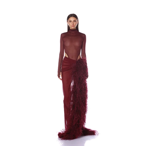 Gaia Burgundy Mesh Long Sleeve Bodysuit