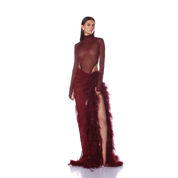 Bronx and Banco Gaia Burgundy Mesh Long Sleeve Bodysuit | Bodysuit | Coveti