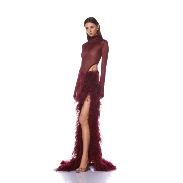 Bronx and Banco Gaia Burgundy Mesh Long Sleeve Bodysuit | Bodysuit | Coveti