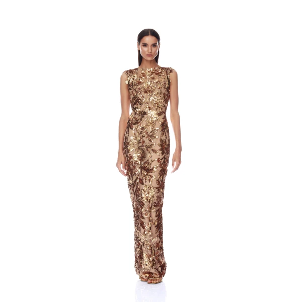 High Neck Embellished Gold Maxi Dress