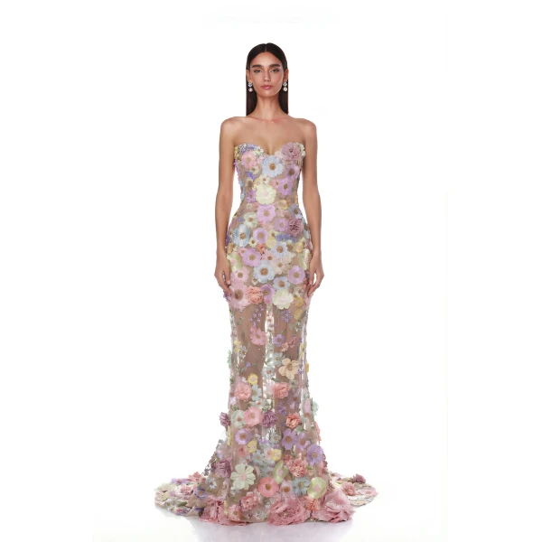 Jasmine Floral Strapless Pastel Gown