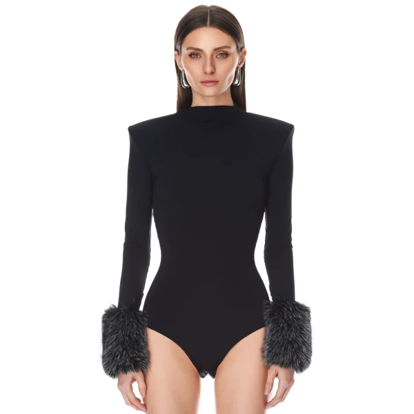 Bronx and Banco Long Sleeve Bodysuit with Faux Fur Cuffs | Bodysuit | Coveti